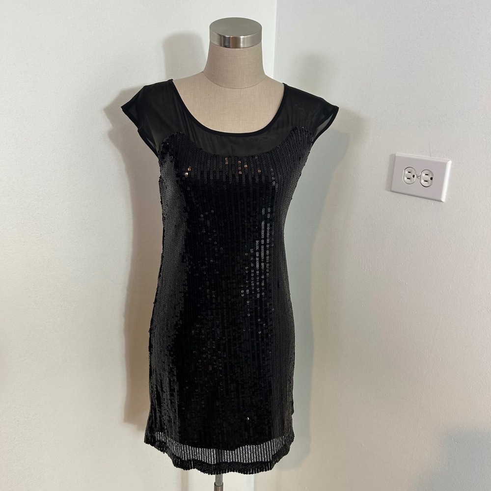 Love 21 Black Sequin Party Dress Sheer Top Sleeveless Mini Dress Lined‎ S/P